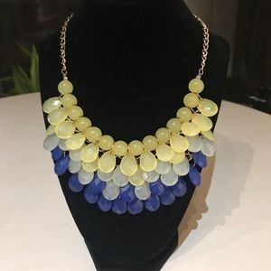 Jcrew statement necklace with blue and yellow tear drop pendants.